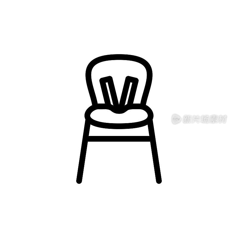 婴儿高脚椅细线图标。Outline symbol kid high chair for feeding for children’s website and mobile applications.轮廓符号儿童喂养高椅子，用于设计儿童网站和移动应用程序。轮廓笔画儿童象形图。厨房里有婴儿安全装置